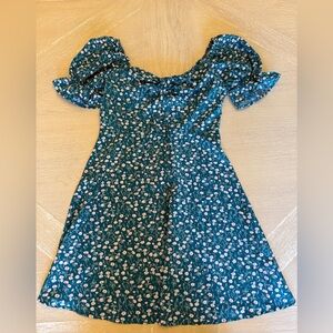 Teal Blue Floral Puff Sleeve Dress